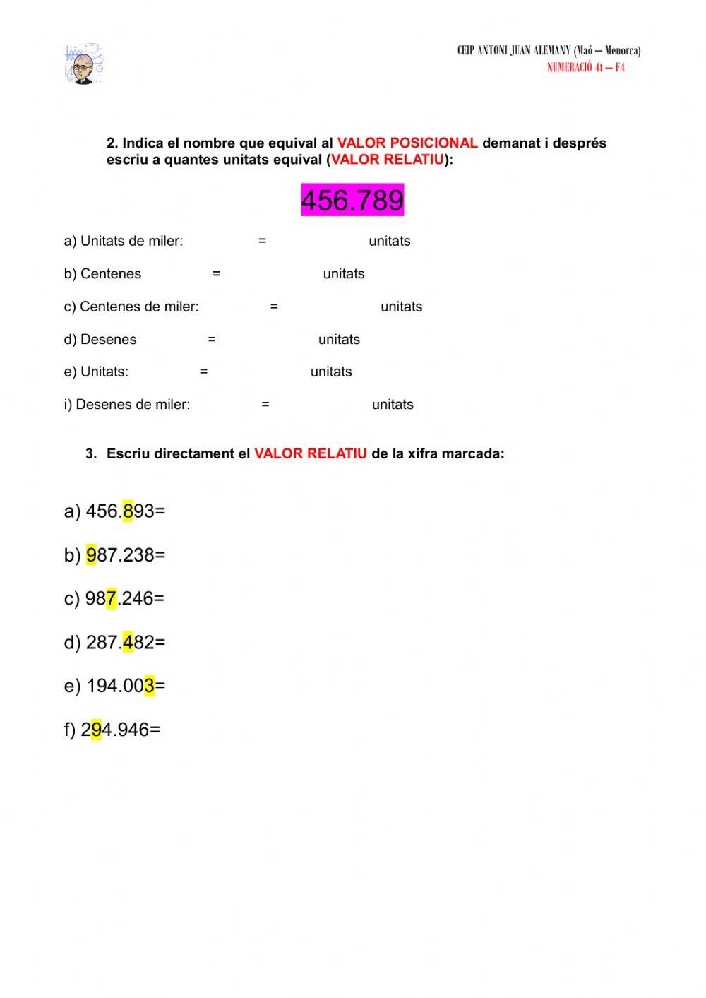 Valor posicional i valor relatiu en nombres de fins a 6 xifres