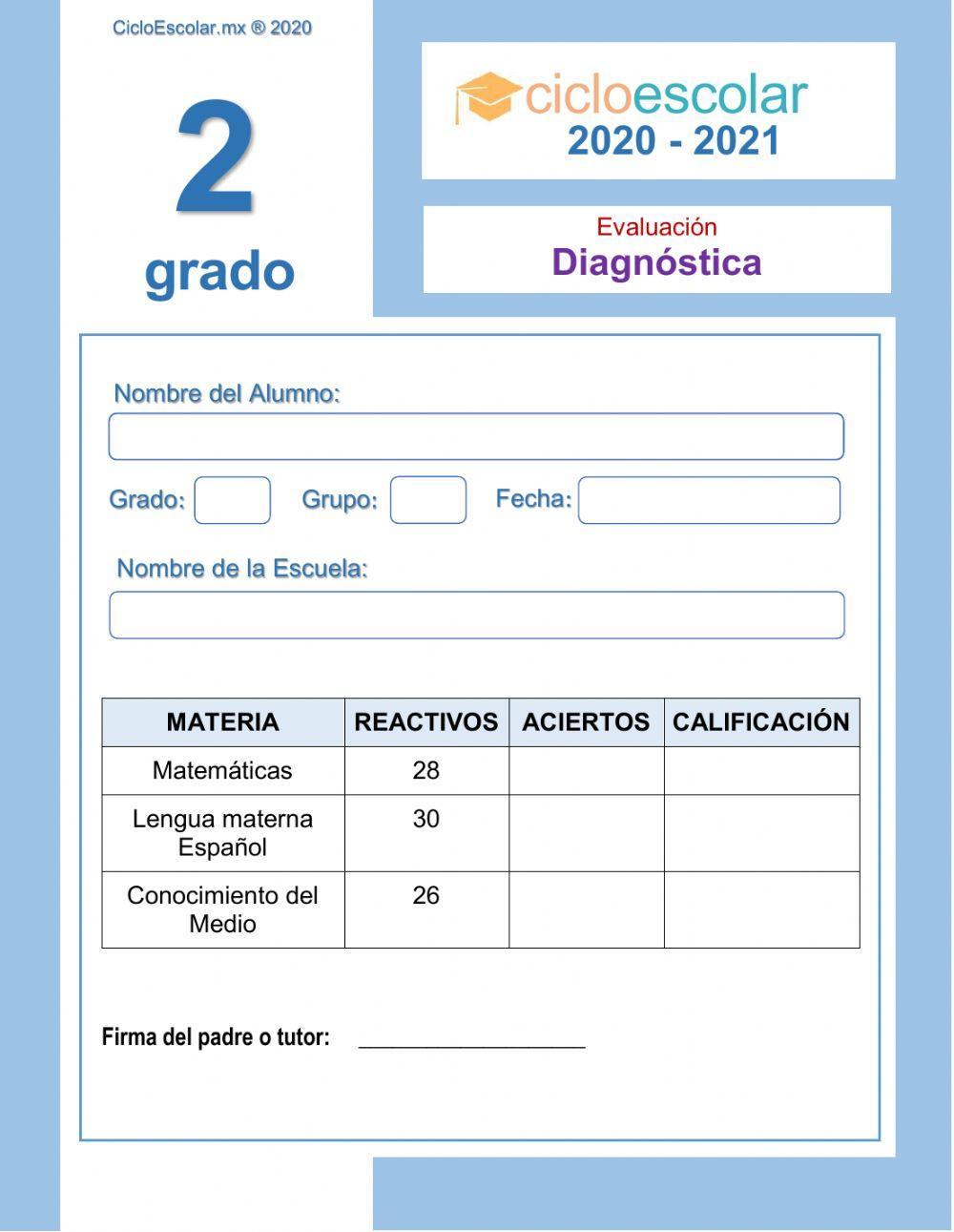 Diagnóstico matemáticas 2o grado, primaria.