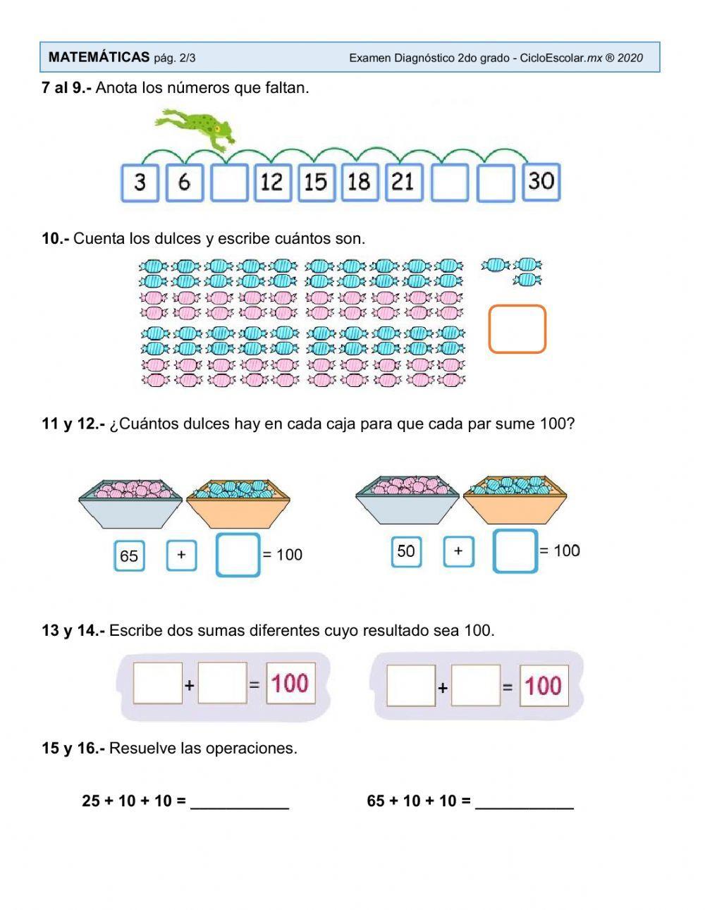 Diagnóstico matemáticas 2o grado, primaria.