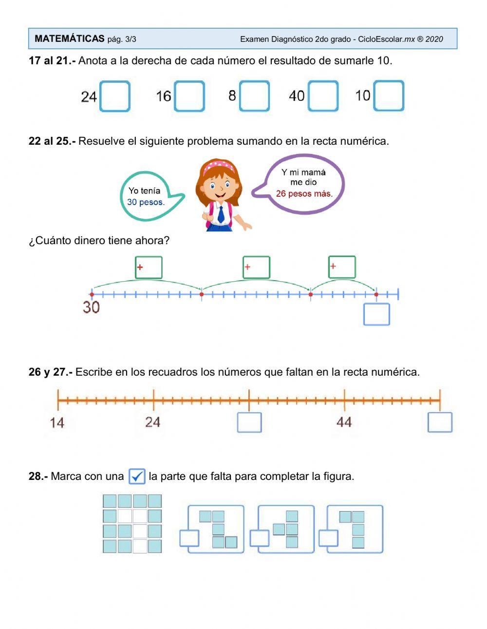 Diagnóstico matemáticas 2o grado, primaria.