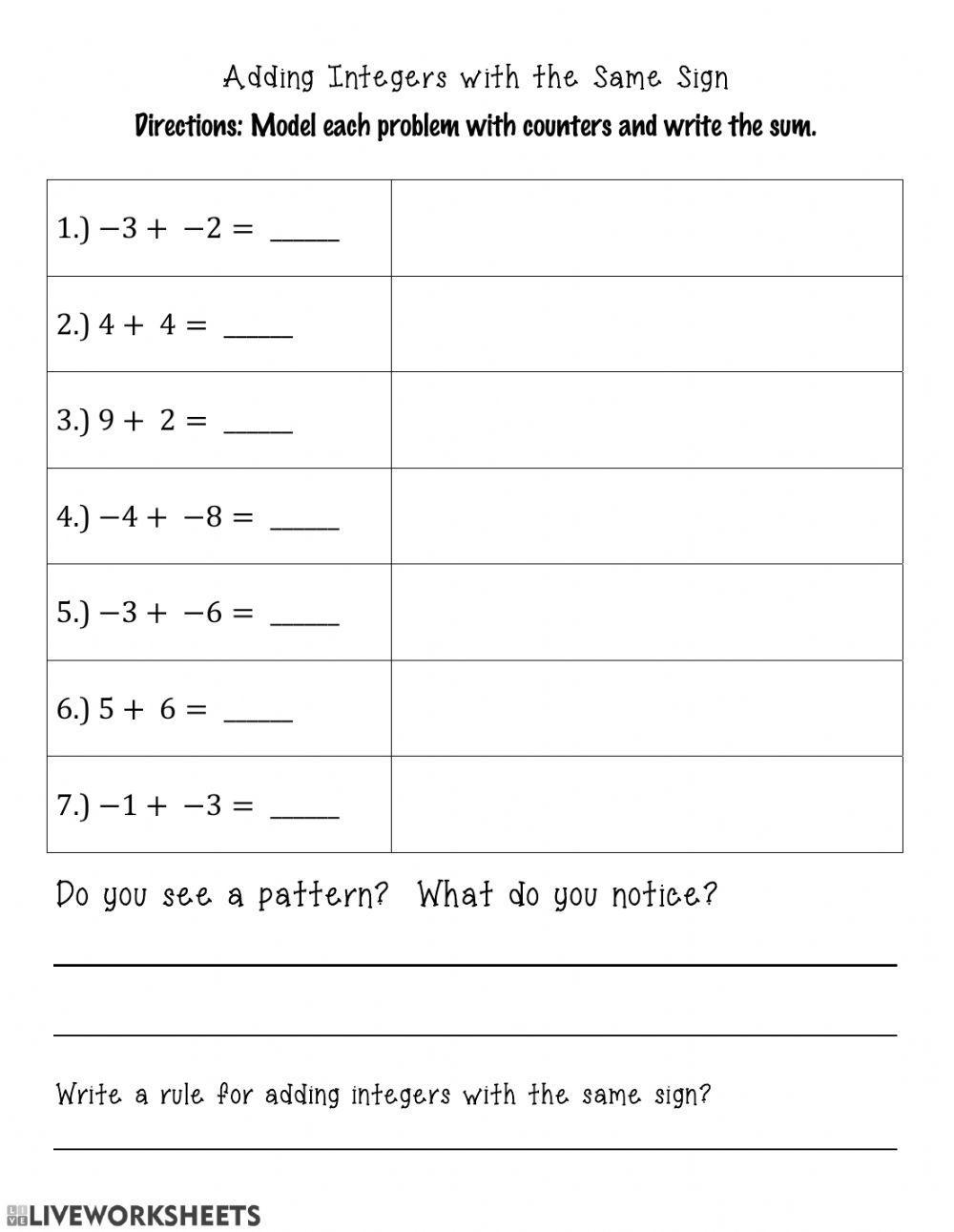 Adding Integers with the Same Signs worksheet | Live Worksheets Adding Integers with the Same Signs worksheet | Live Worksheets