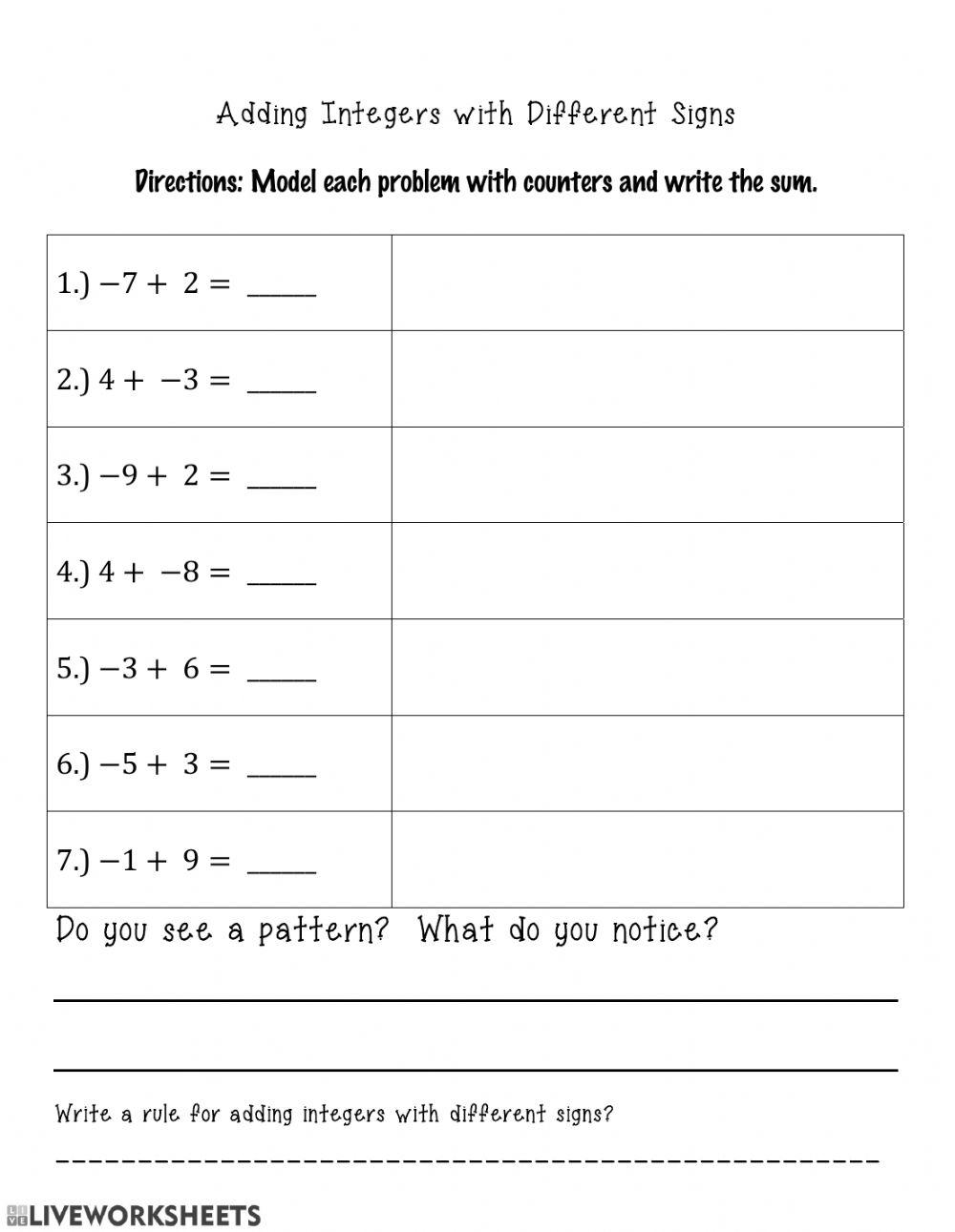 Adding integers with different signs worksheet live worksheets