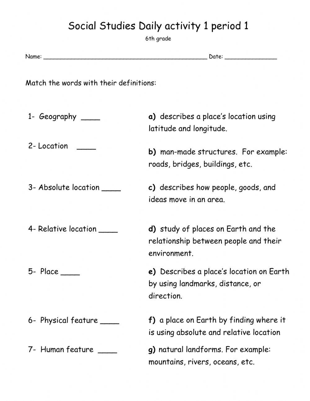 Social Studies Daily activity 1 period 1 - Grade 6