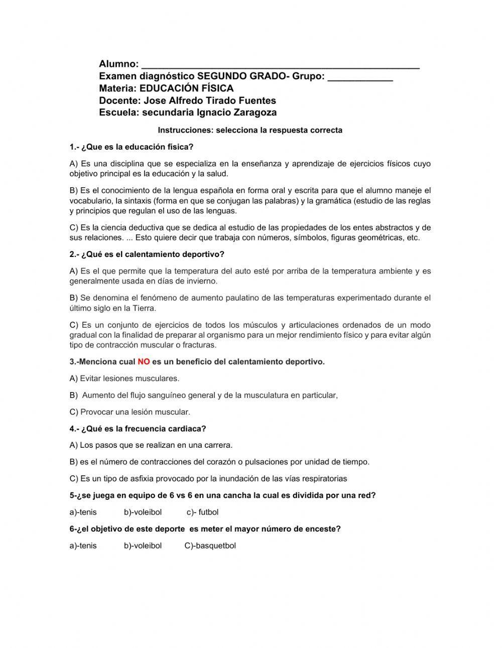 Examen de diagnostico educación física segundo