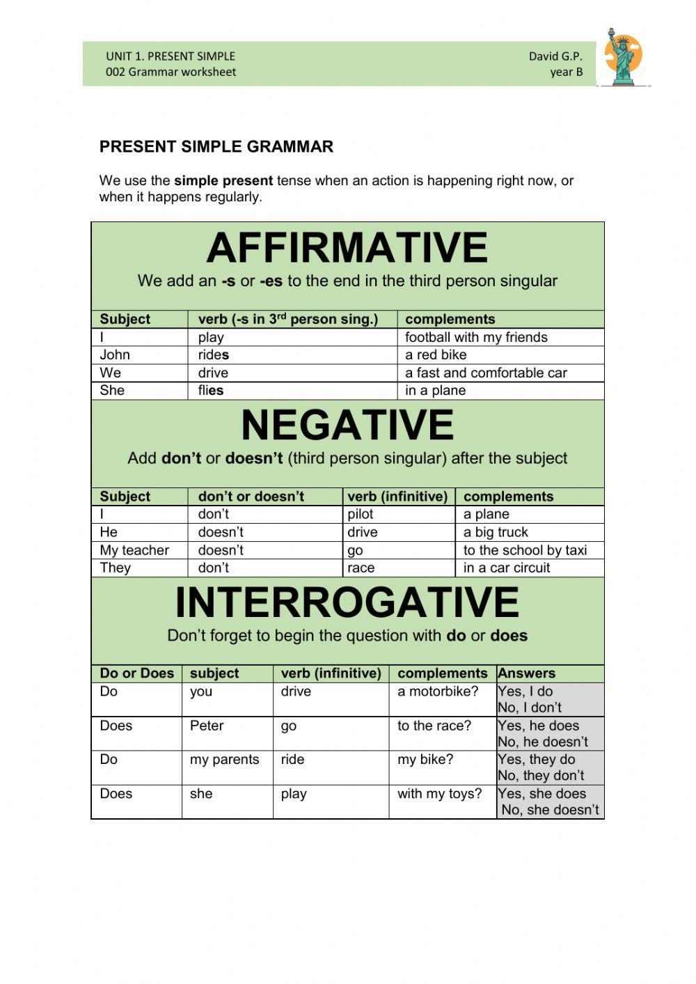 3rd cycle. unit 1. 002 grammar. present simple