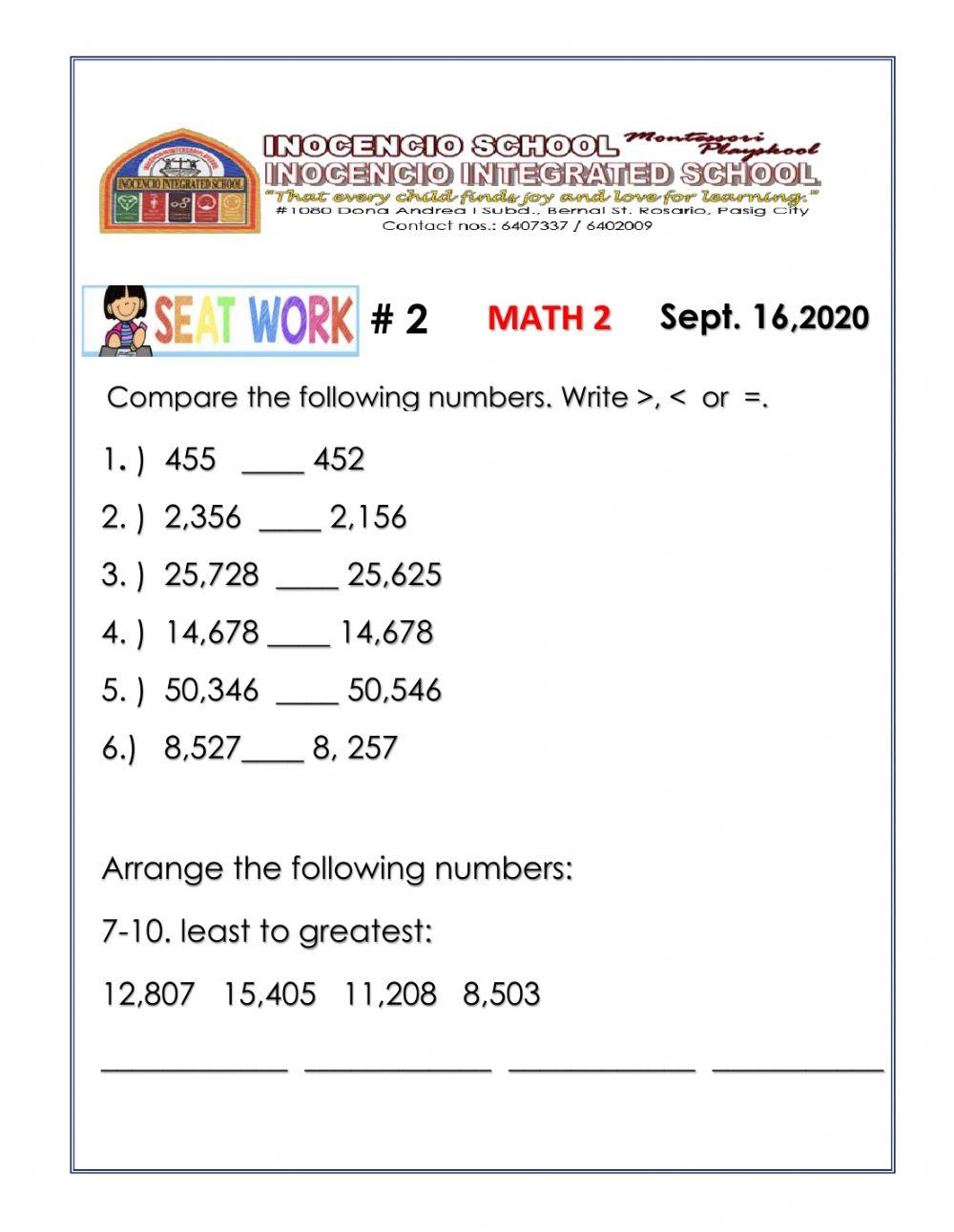 Comparing  and Ordering Numbers