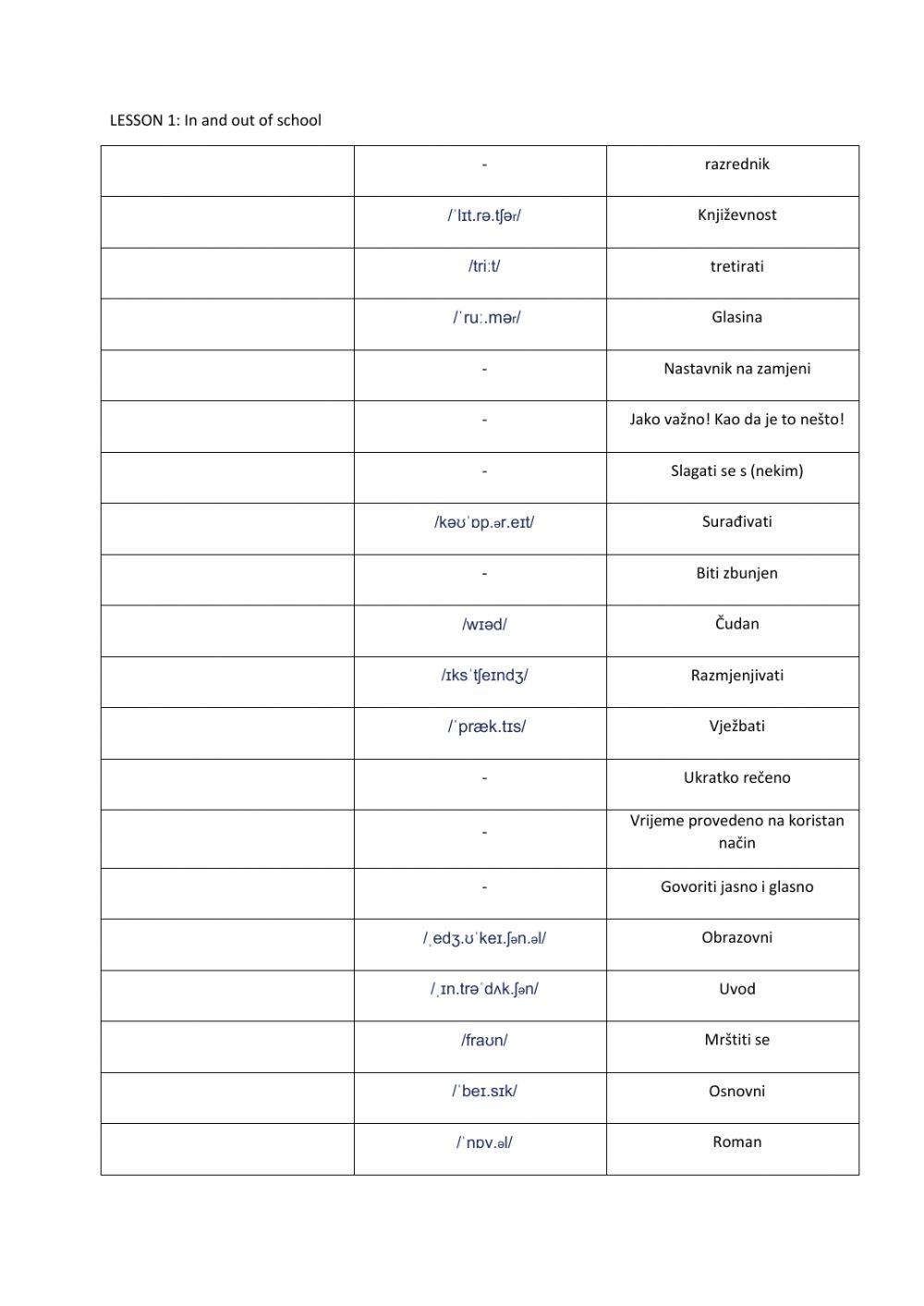 In and out of school  - nepoznate riječi