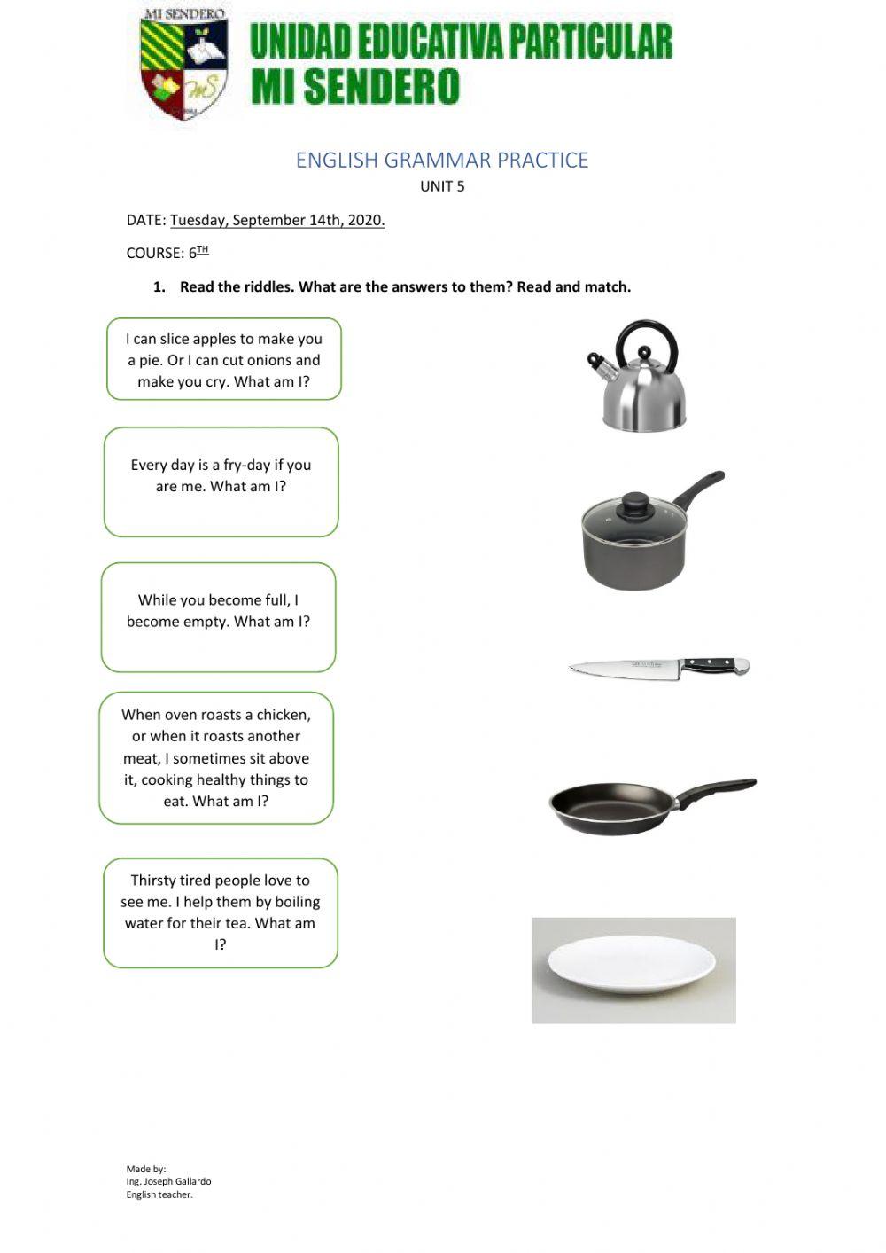 6th Vocabulary Practice Cooking Riddles