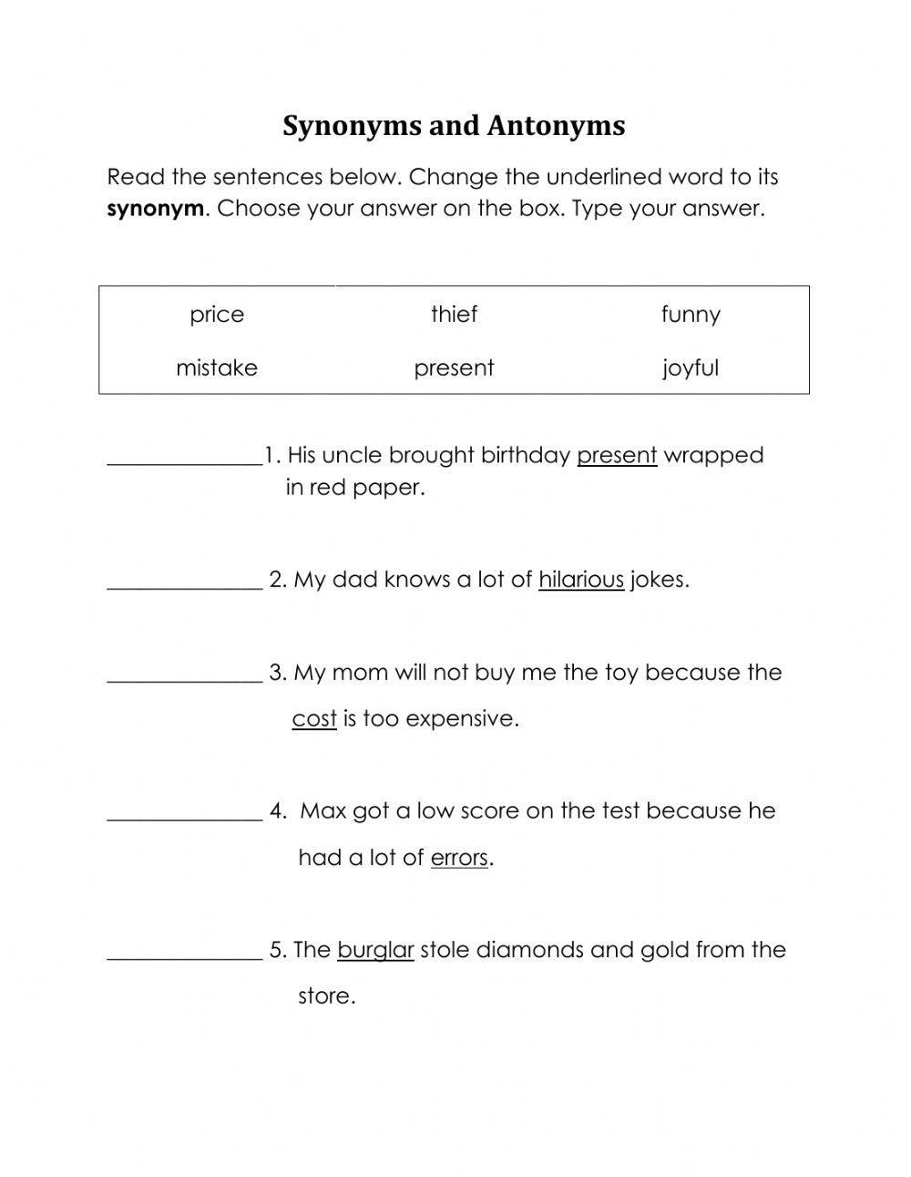 ELA 4th, 5th Grade Synonyms and Antonyms Worksheets of Fun