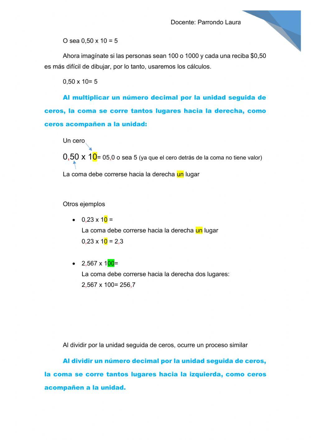 Multiplicación y división de decimales por la unidad seguida de ceros