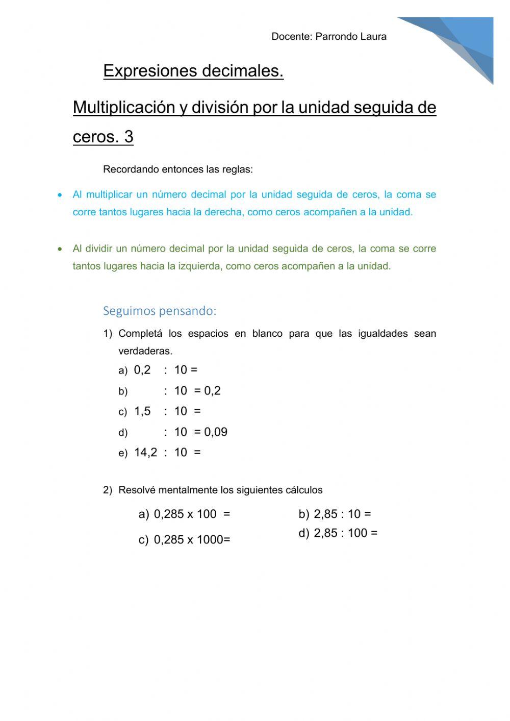 Multiplicación y división de decimales por la unidad seguida de ceros 3