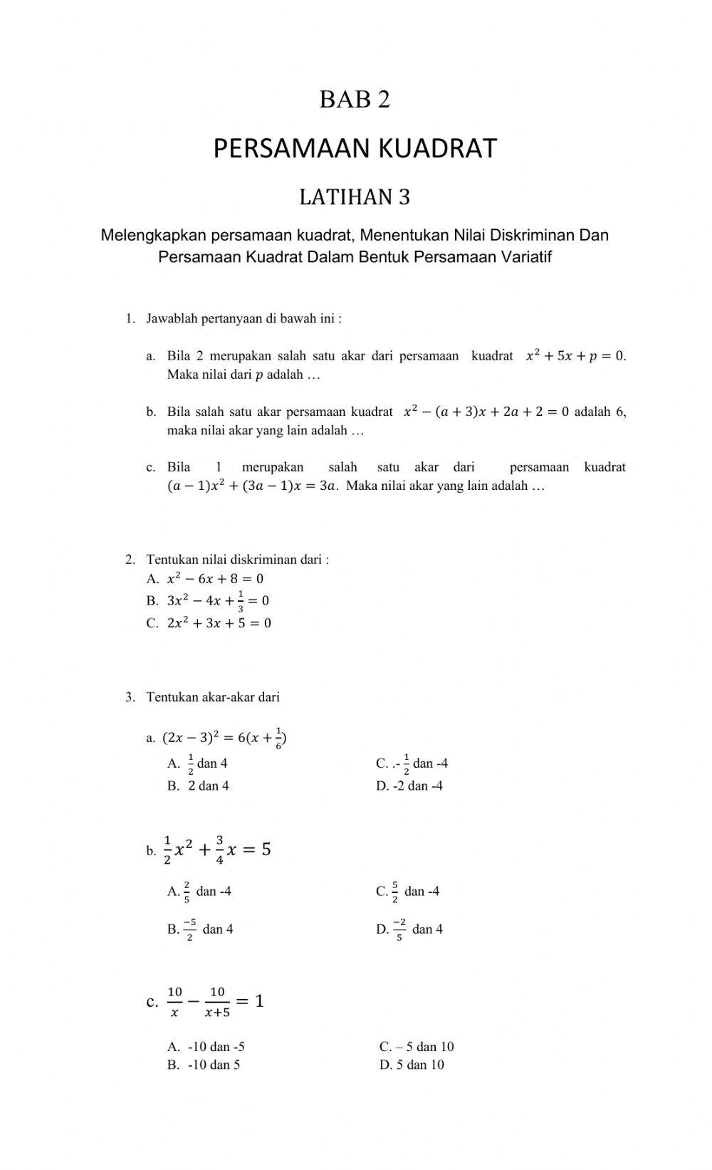 Persamaan kuadrat latihan 3