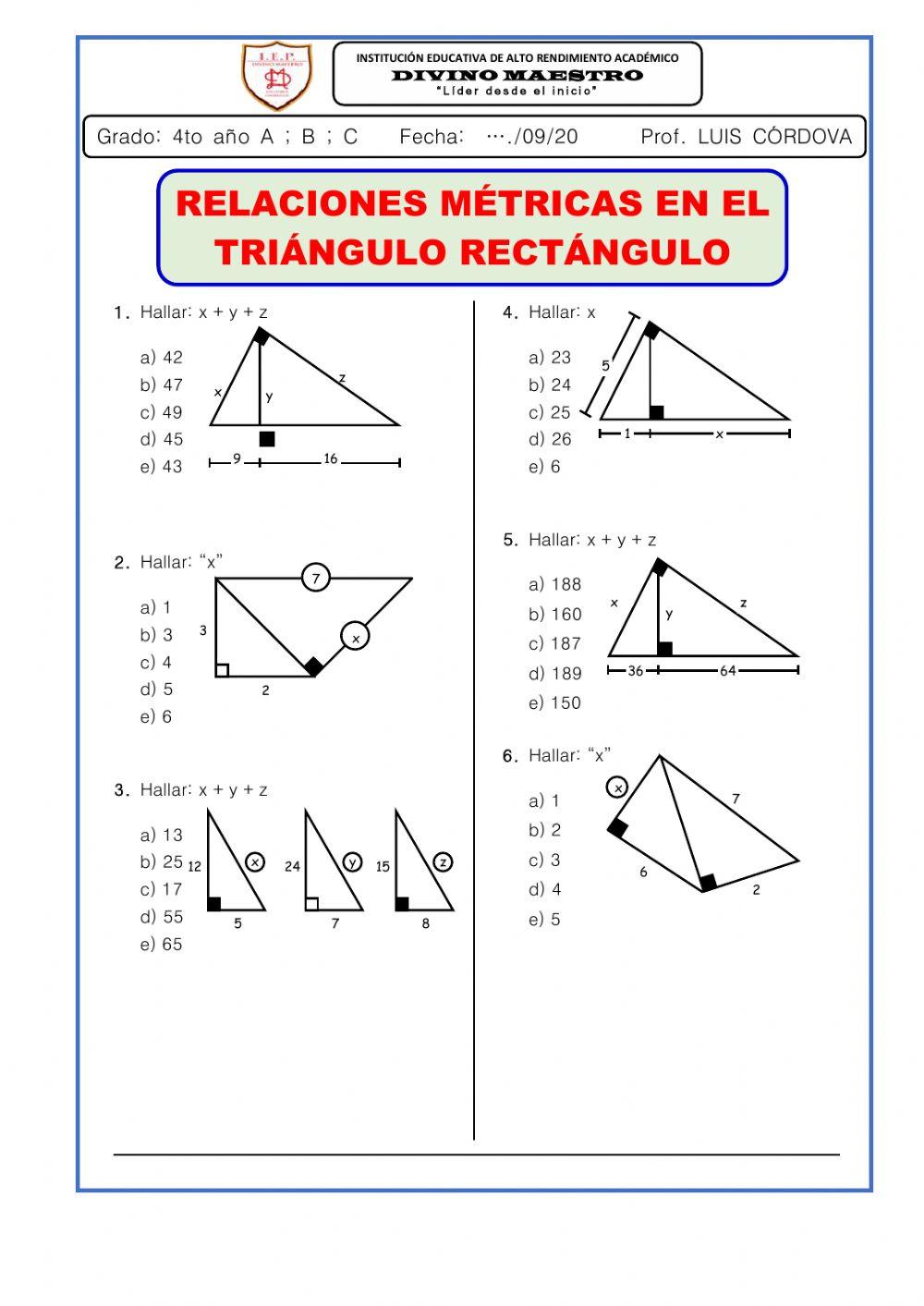 RELACIONES MÉTRICAS DE TRIÁNGULO RECTÁNGULO