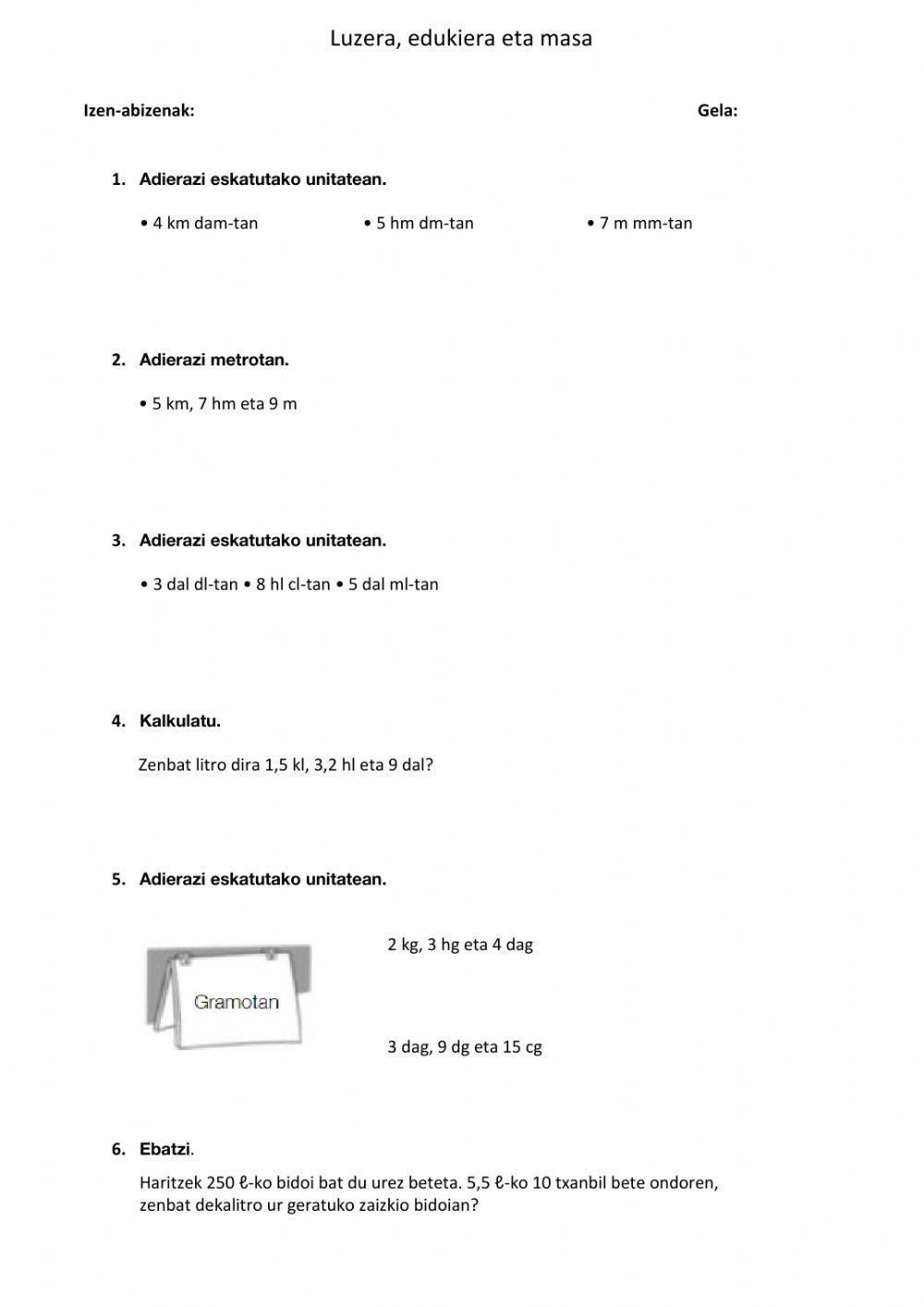 Luzera, edukiera eta masa