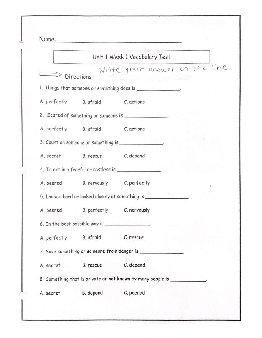 Reading wonders unit 1 week 1 vocabulary test