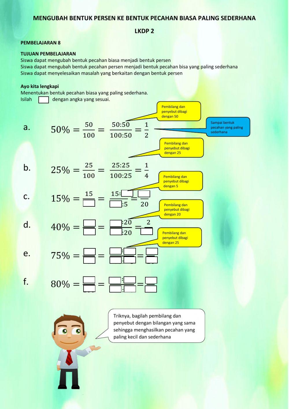 Mengubah bentuk persen ke pecahan biasa