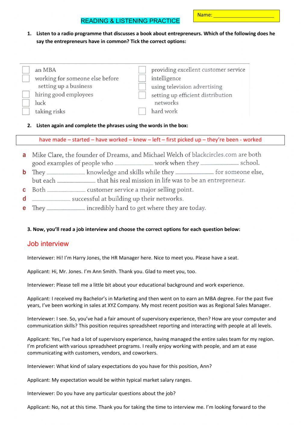 Business listening and reading practice
