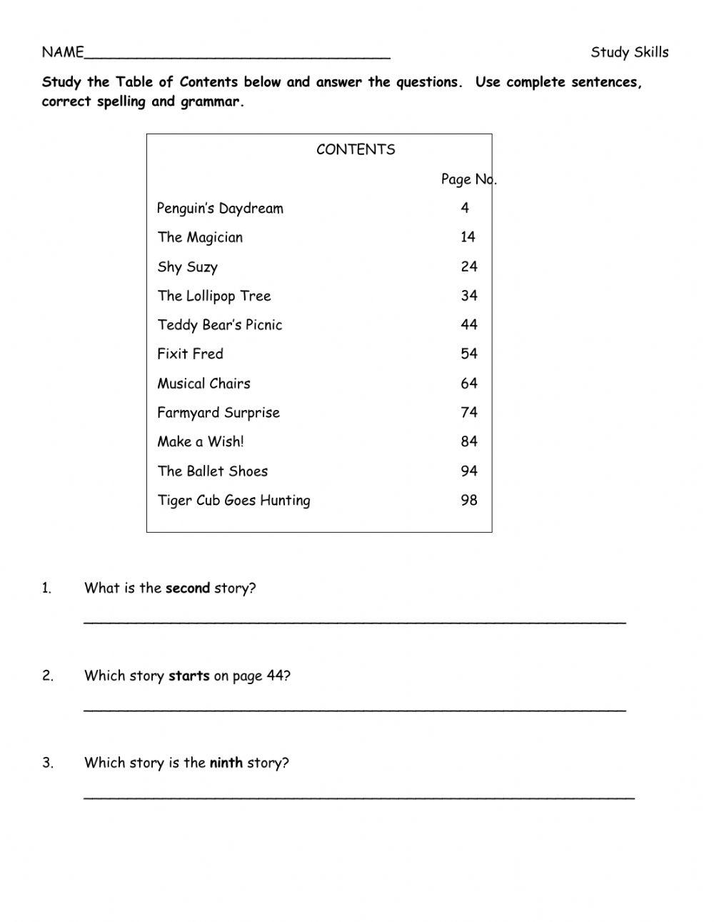Table of Contents Worksheet