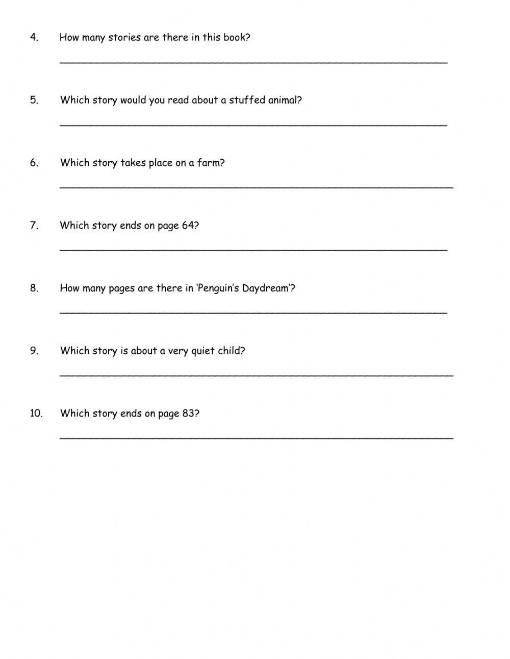 Table of Contents Worksheet