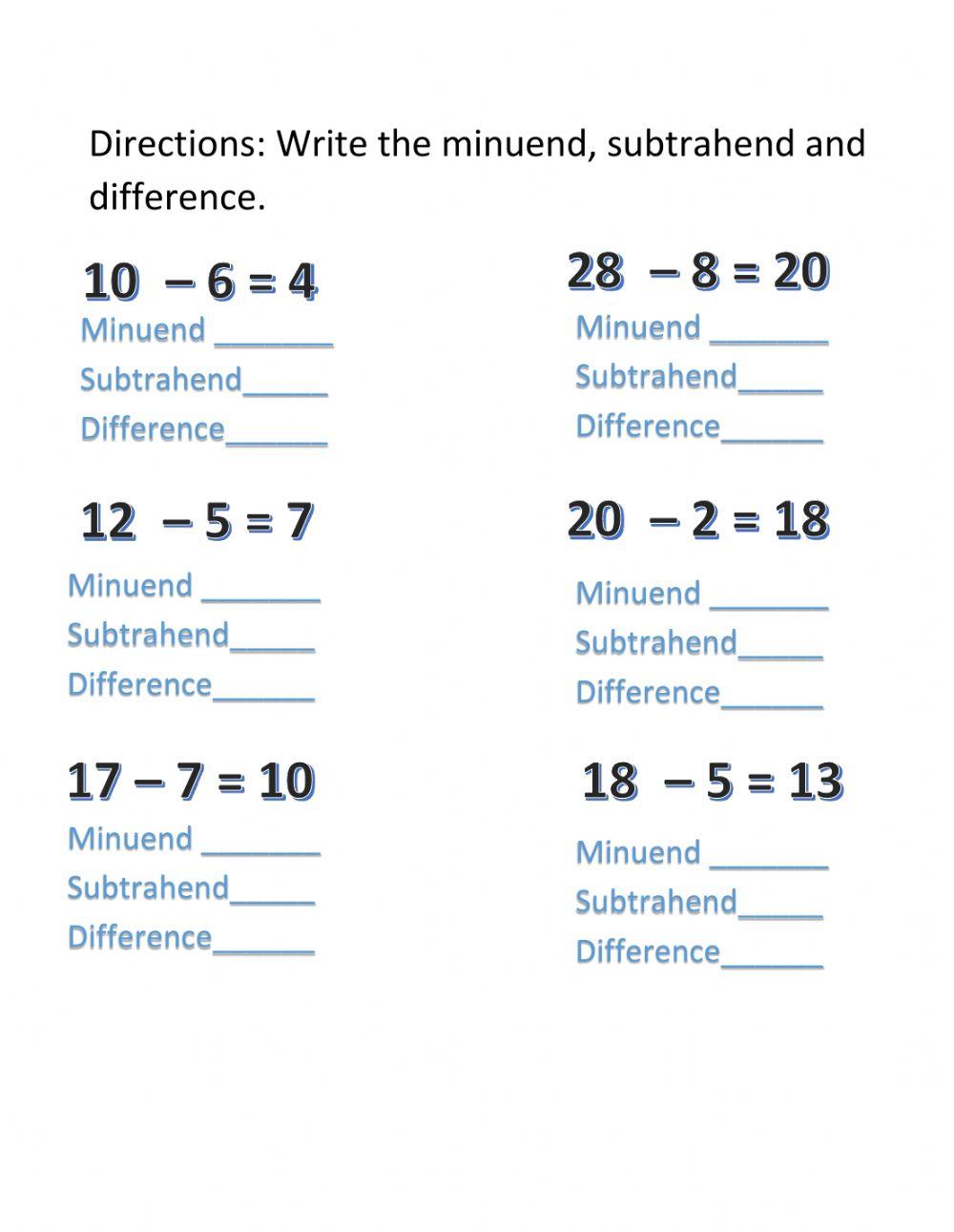 Parts of Subtraction online exercise for | Live Worksheets
