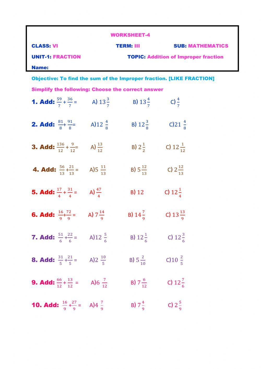 Addition of improper fraction