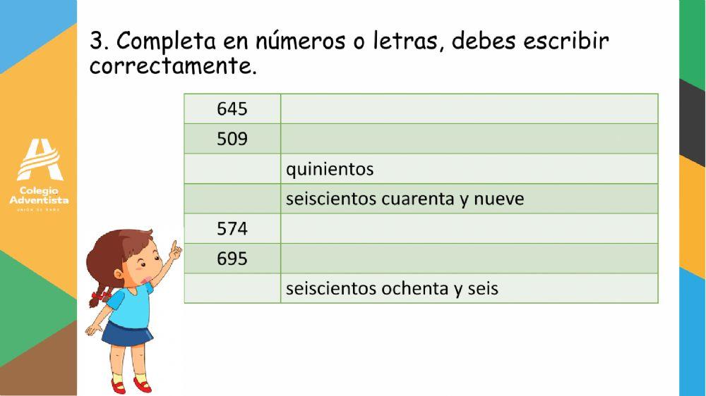 Lectura y escritura de números hasta 699
