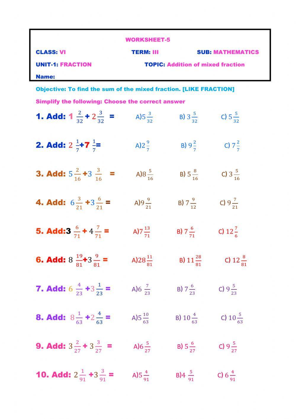 Addition of mixed fraction