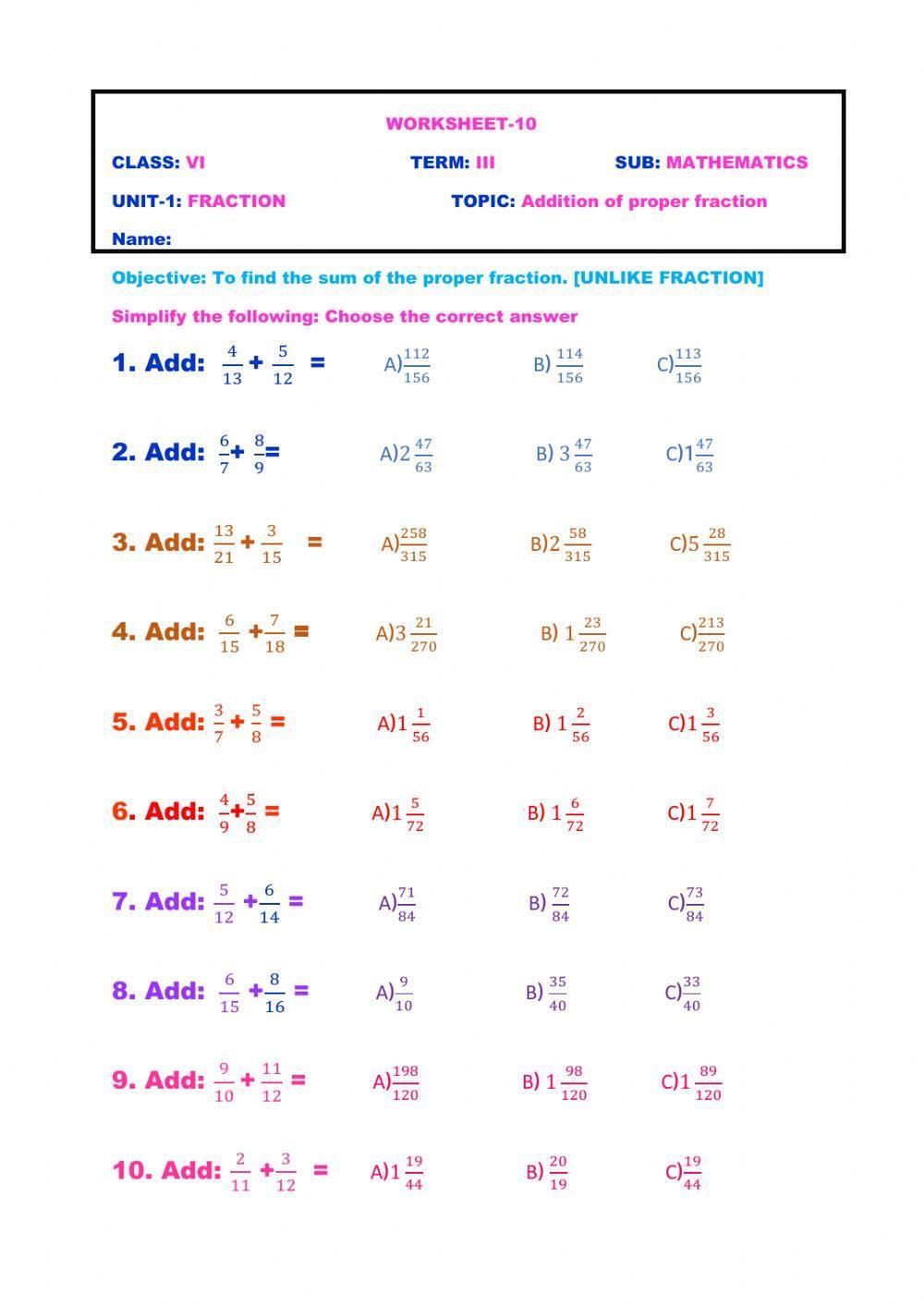 Addition of fraction interactive worksheet | Live Worksheets