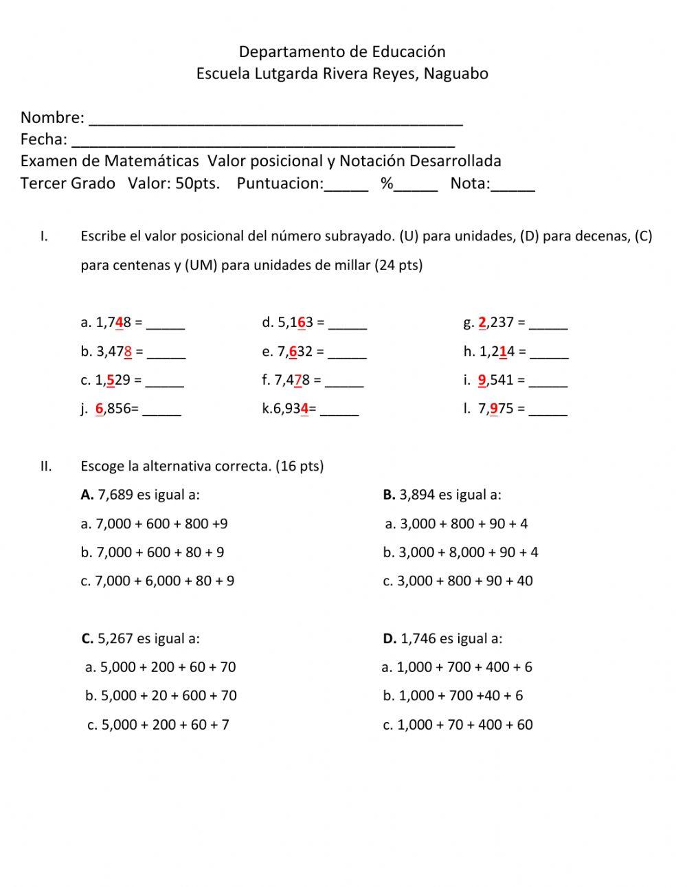 Examen Valor Posicional Tercero
