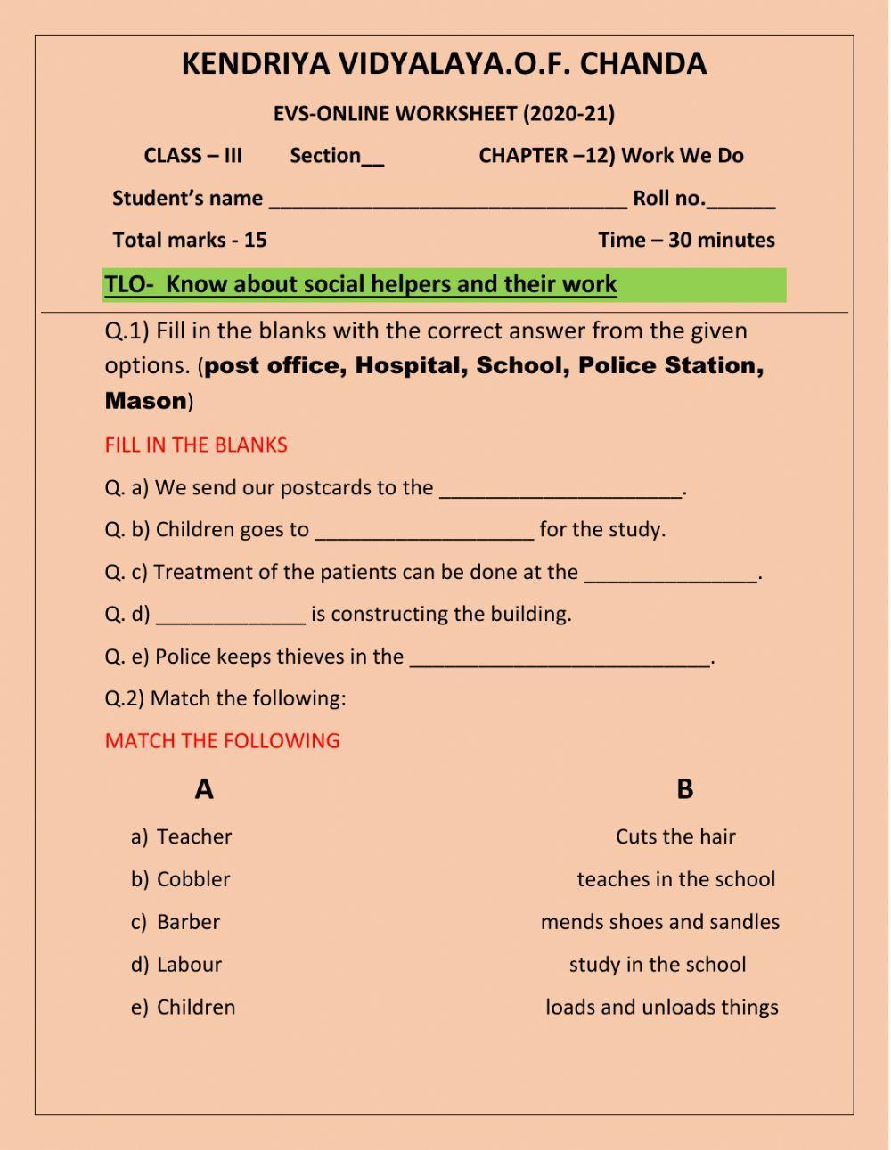 Class III- evs worksheet-12. work we do worksheet