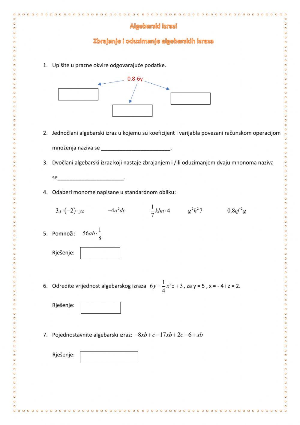 Algebarski izrazi i pojednostavljivanje algebarskih izraza