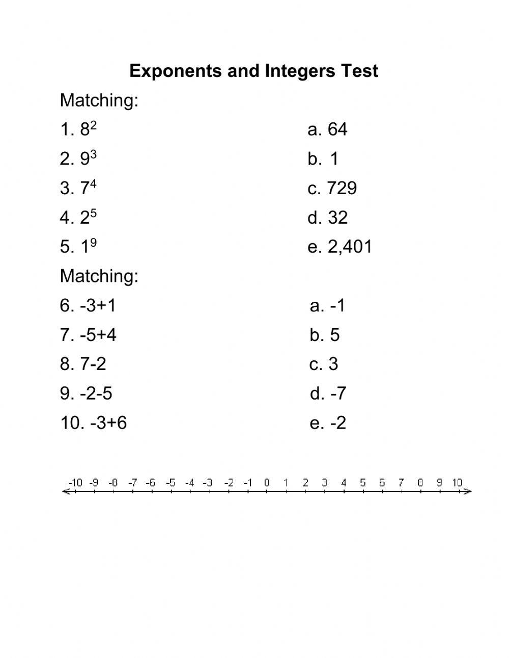 Exponents and Integers Test