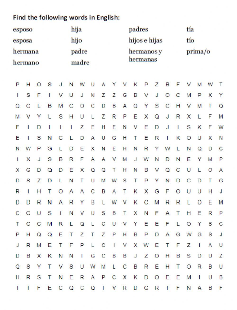 Family Members Wordsearch
