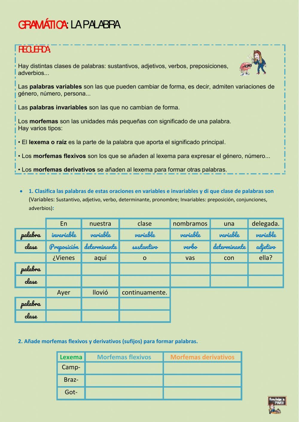 LENGUAJE: La Palabra (variables e invariables y morfemas) worksheet ...