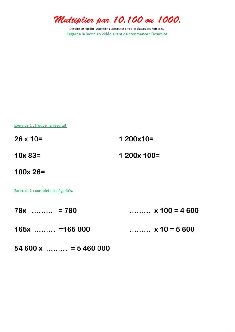 Maths multiplier un entier par 10, 100 ou 1 000