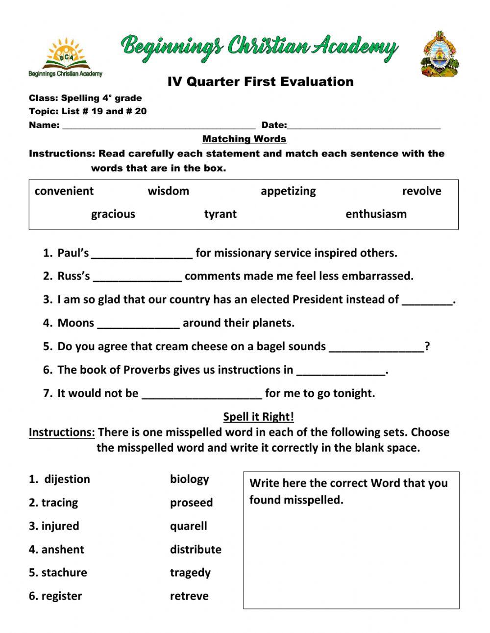 4° Spelling Quiz IV QUARTER First Evaluation