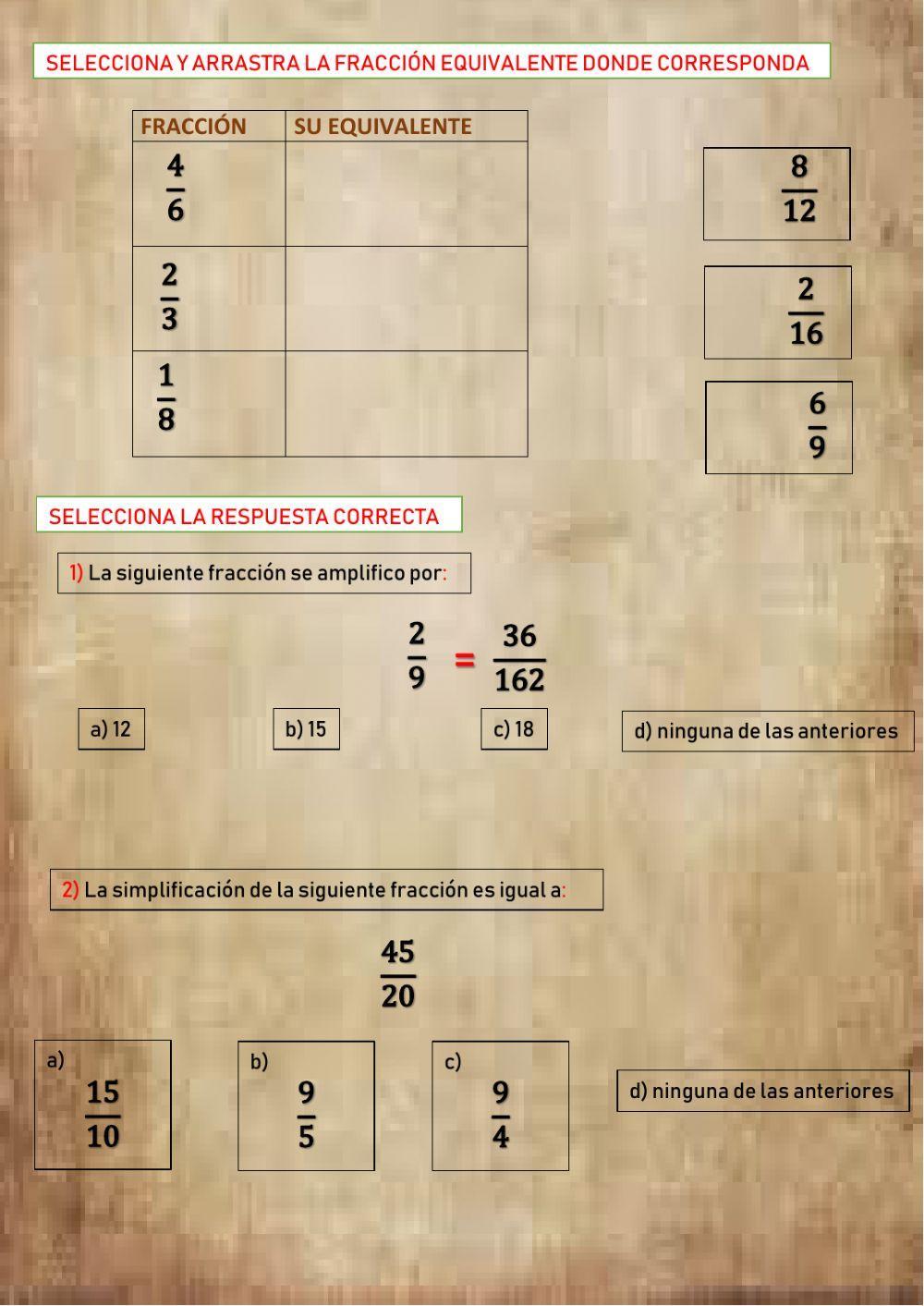 Fracción impropia a número mixto, fracción de una cantidad, fracciones equivalentes, amplificación y simplificación de fracciones