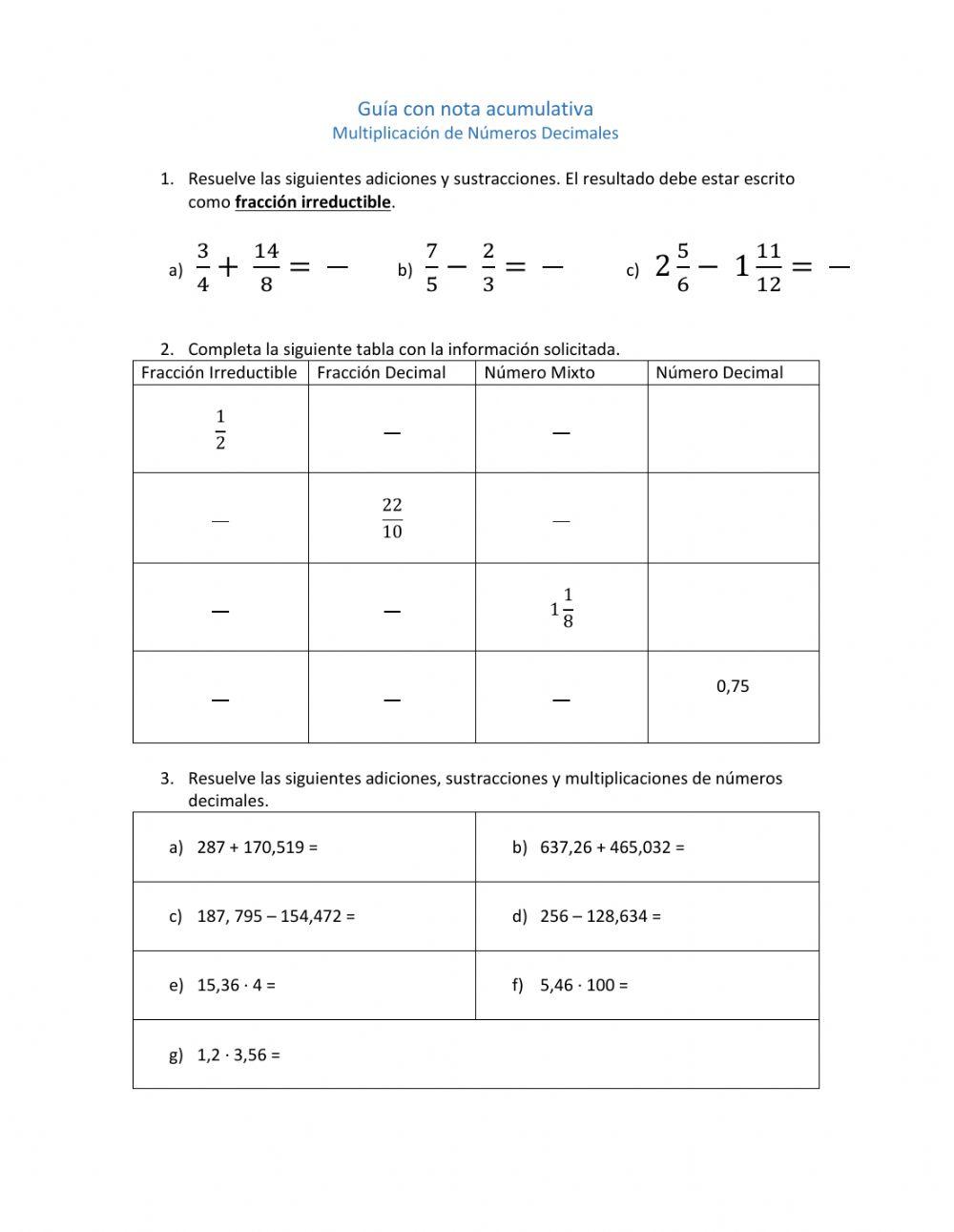 Evaluación Fracciones y Números Decimales