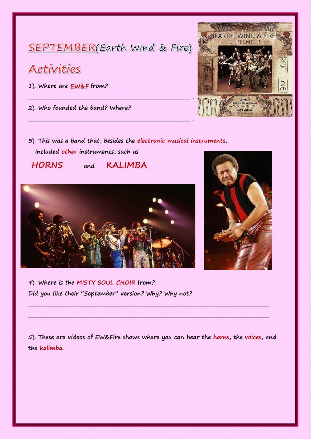 Earth Wind - Fire Activity - 5th grade 2020