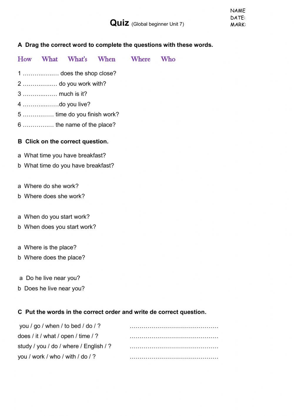 Global Beginner Test Unit 7