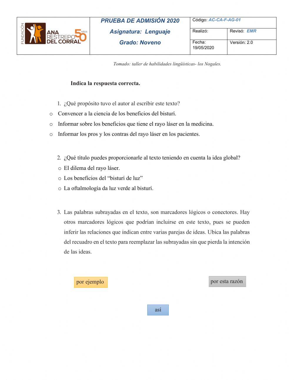 Prueba de admisión - lenguaje (lectura crítica) - 9°