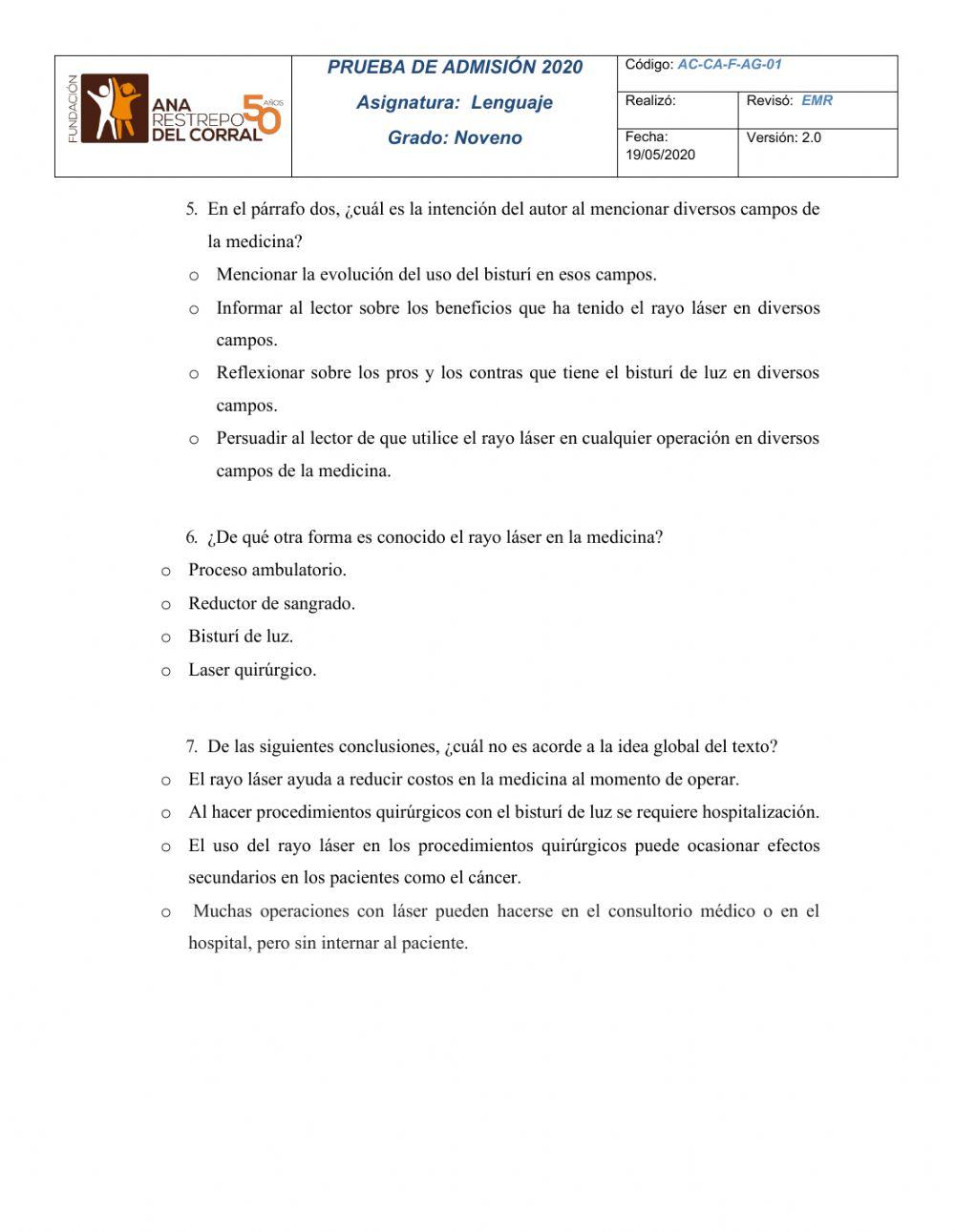 Prueba de admisión - lenguaje (lectura crítica) - 9°