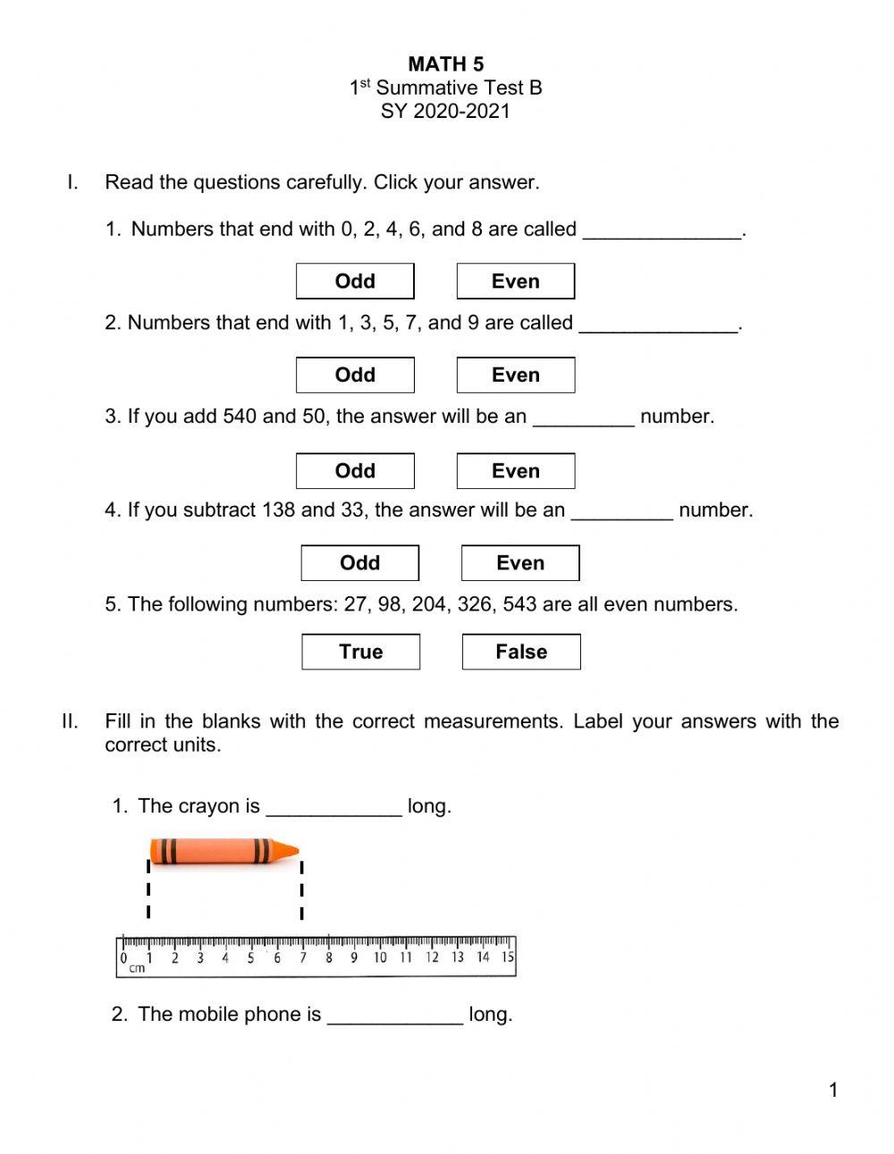 Math 5 1st Qtr Summative Test B