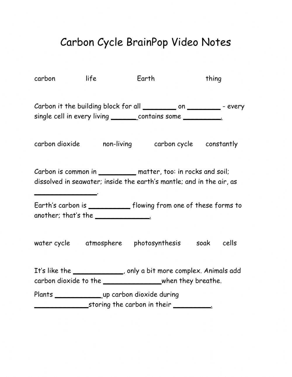 Carbon Cycle BrainPop Video Notes