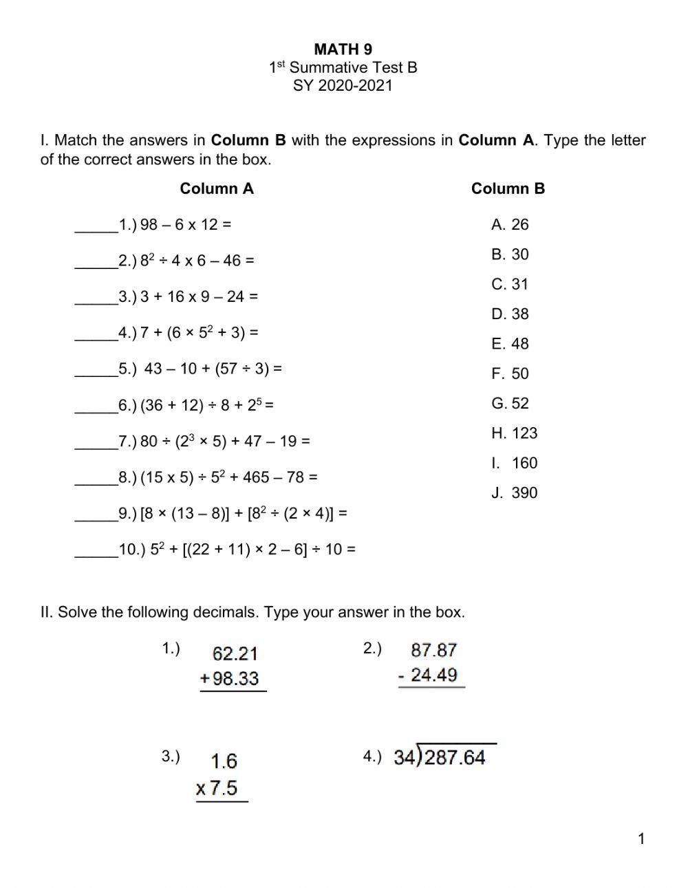 Math 9 1st Qtr Summative Test B