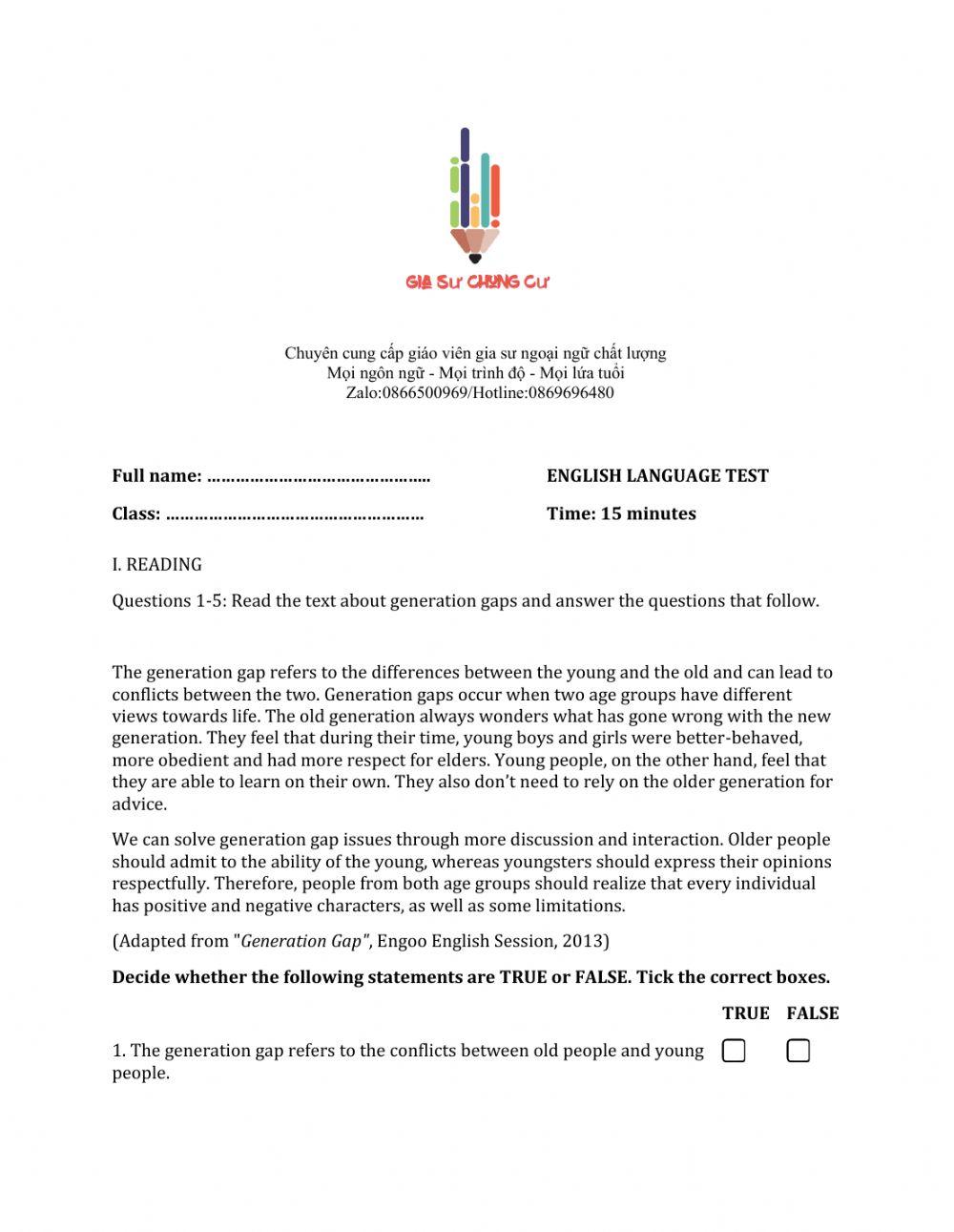 Lớp 10 - Kiểm tra 15 phút - Kỹ năng Đọc + Từ vựng số 1