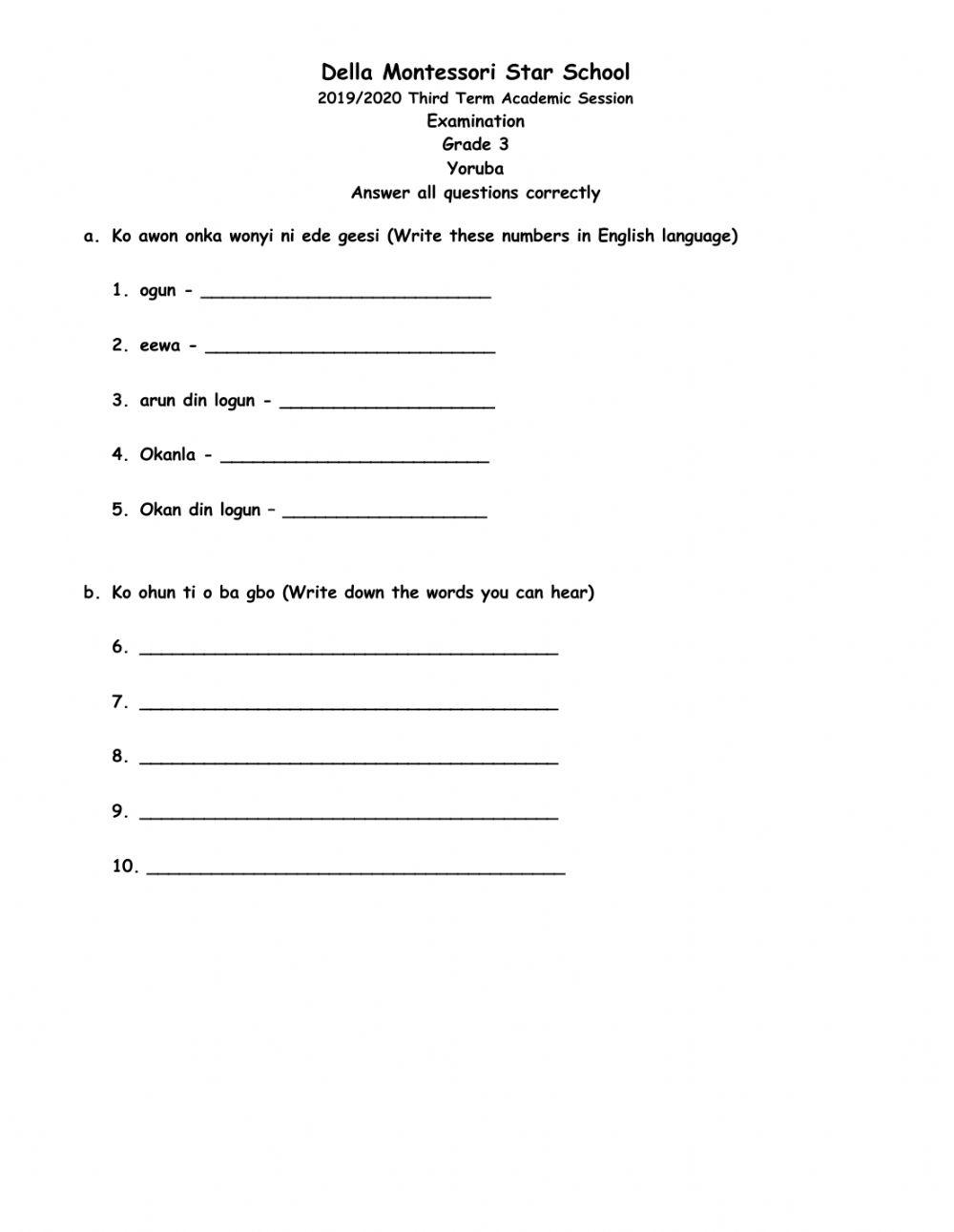 Grade 3 Yoruba examination Grade 3 Yoruba examination