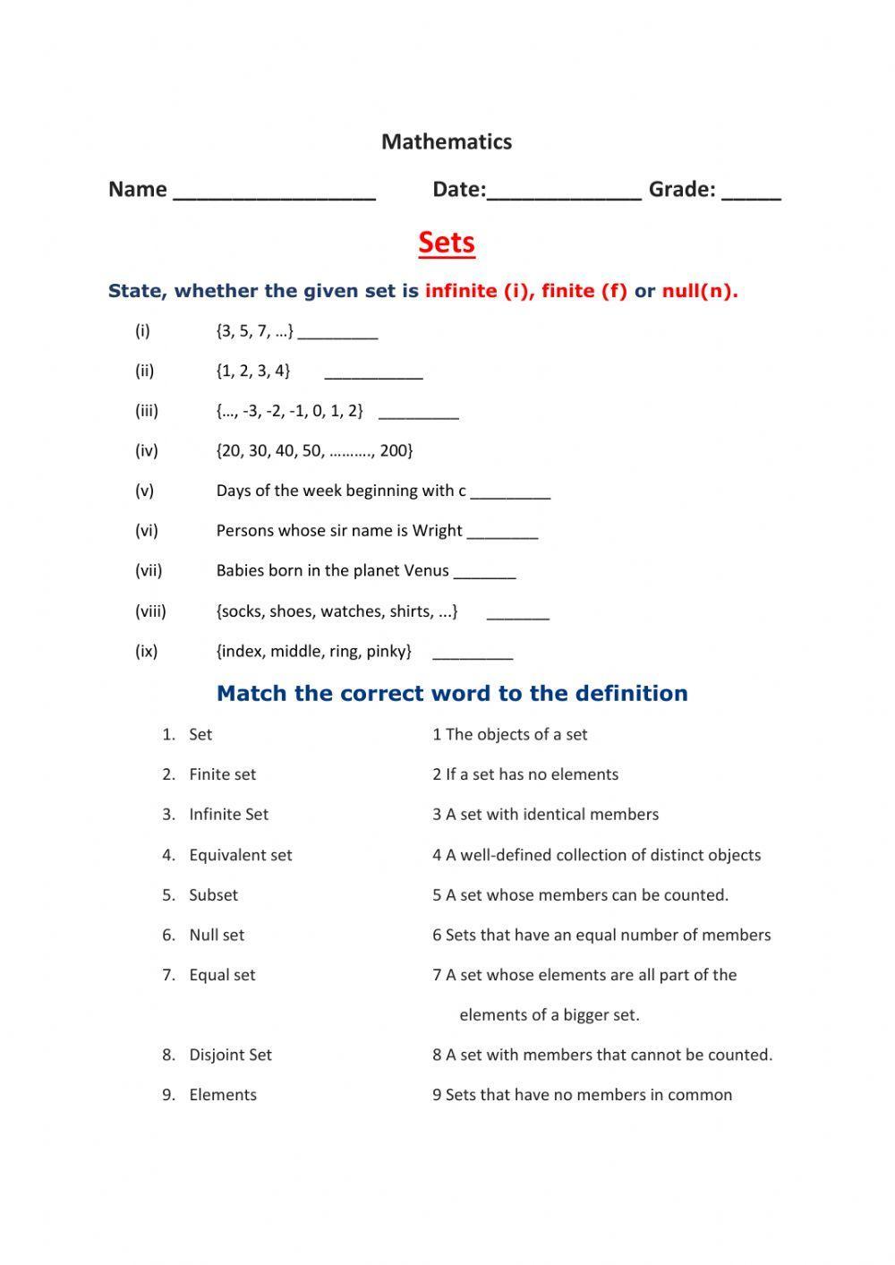 Types of sets free interactive worksheets 355994