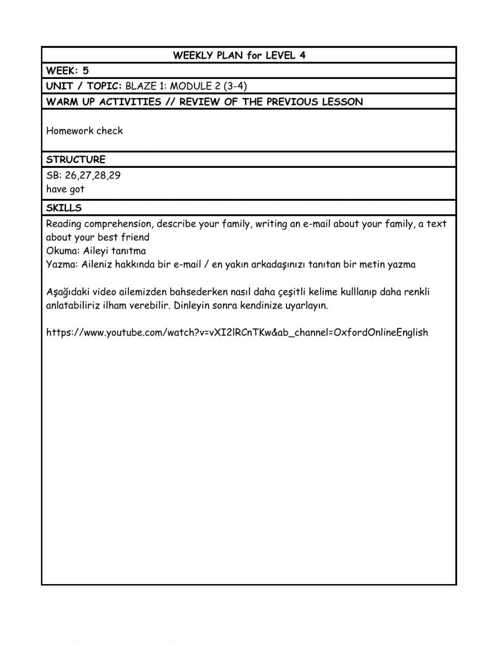 Level 4 Week 5 weekly plan