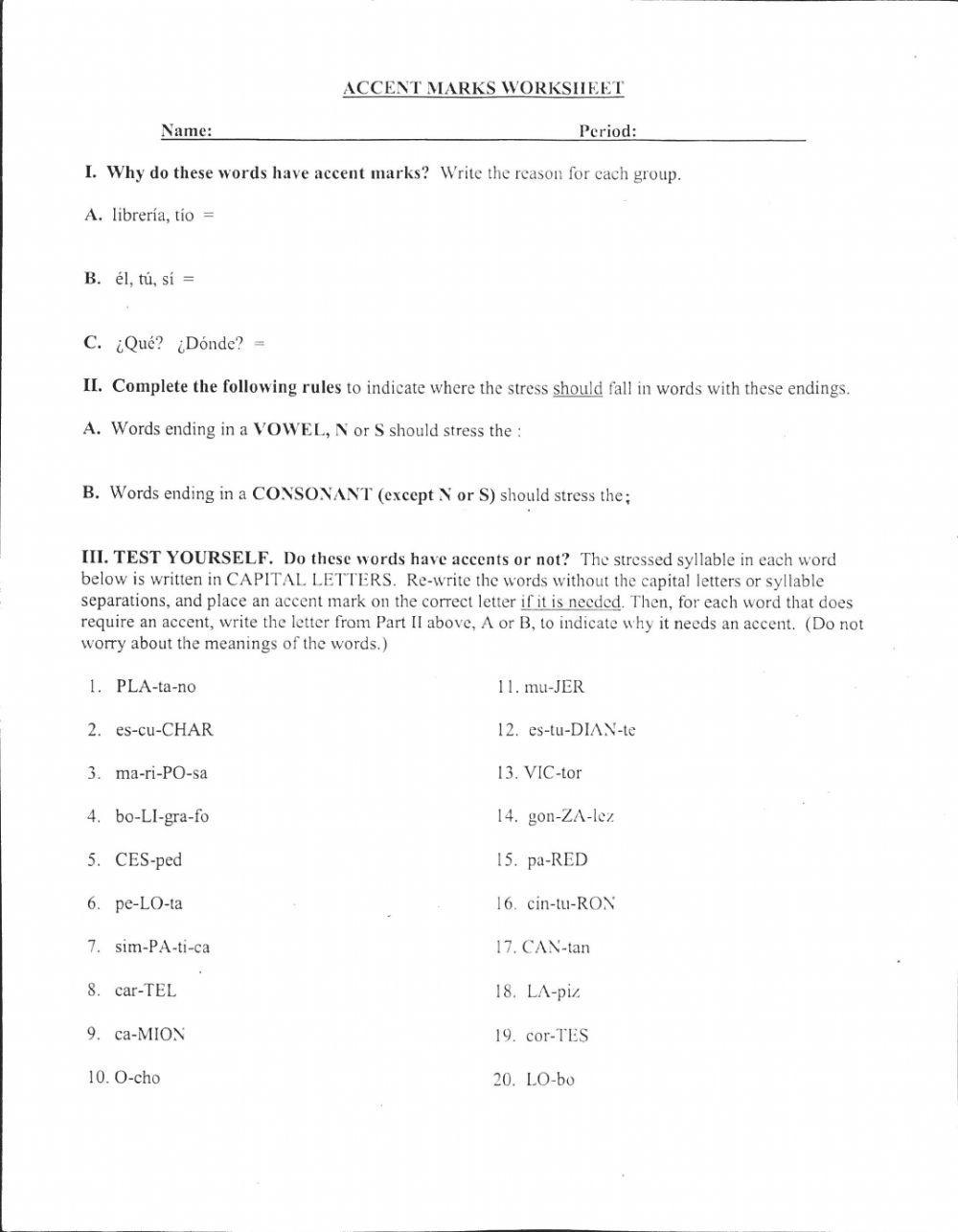 Spanish 5 - HW -1 accent marks worksheet
